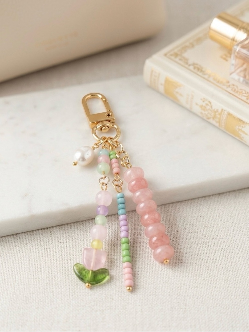 Pastel Pink Spring Tulip Handmade Beaded Bag Charm Keychain with Pearl